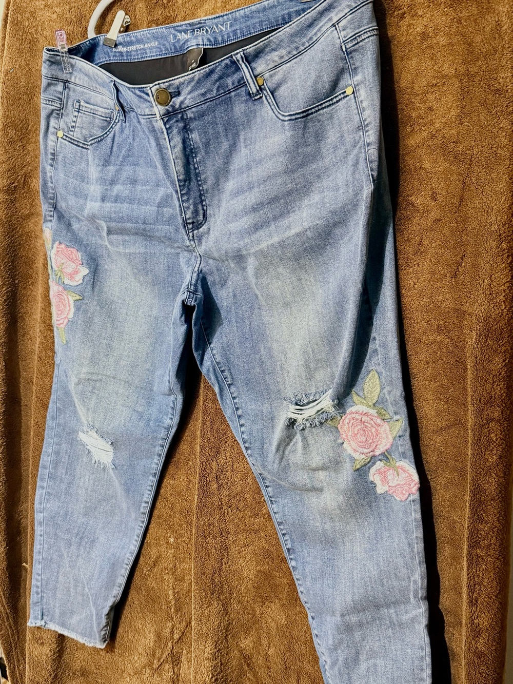 Lane Bryant Light Blue Cropped Jeans with Pink Rose Embroidery